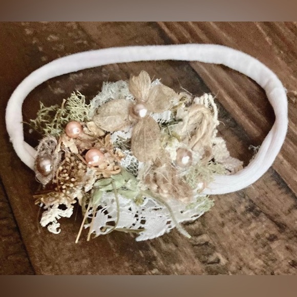 Bohemian Floral Headpiece - Burnt Orange & Cream Organic with Lace & Pearls - Picture 4 of 7